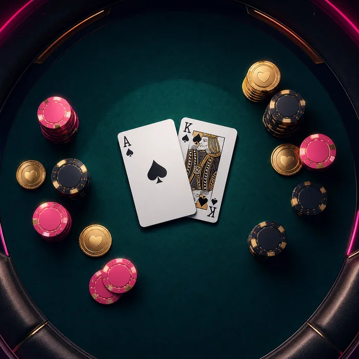 Karty i żetony na stole do blackjacka